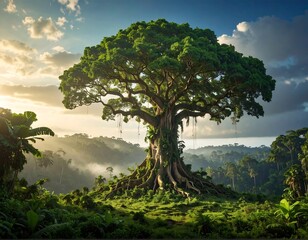 Obraz premium A large tree stands alone on a lush green hill