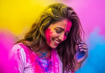 Naklejka premium Jubilant woman celebrating with vibrant colors during holi festival