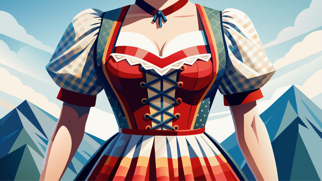 Very beautiful close-up of a traditional Bavarian women&rsquo;s dirndl dress with embroidered bodice and fine fabric textures, isolated on white background, showcasing iconic Alpine cultural fashion.