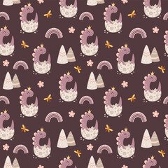 Cute dinosaur seamless pattern for girly print. Cartoon dino girl background, Prehistoric animal, Jurassic character illustration, Kids vector background. © JulzaArt