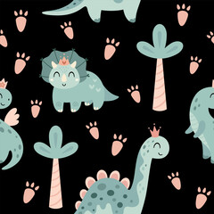 Cartoon dinosaur girl seamless pattern. Cute dino princess, Prehistoric animal background, Jurassic character illustration, Kids vector design. © JulzaArt