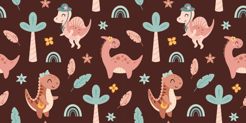 Coquette pink dinosaurs seamless pattern. Cute dino girl and tropical plants, Prehistoric animal background, Jurassic character repeat illustration. © JulzaArt