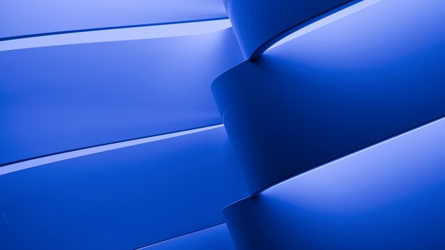 Abstract wavy curved 3d render. Blue soft layers of plastic with lines, folds, ruffles. Modern wallpaper, texture pattern. 3D Illustration