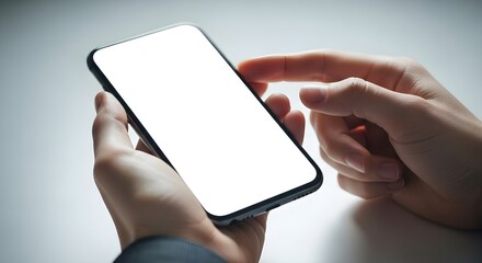 A person holding a smartphone with a blank white screen in their hands