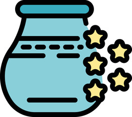 Naklejka premium Whimsical illustration of a magic potion jar emanating bright yellow stars, suggesting enchantment and wonder