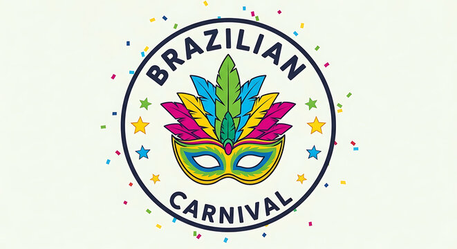  Brazilian Carnival Emblem Logo with Colorful Feathers and Festive Mask Design