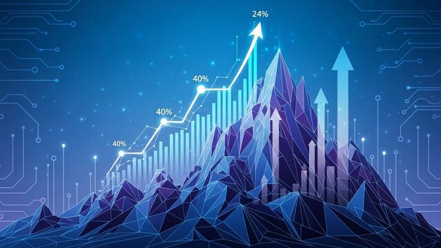 Digital 3d graph showing upward trend with rising arrow and percentage markers on futuristic blue background with mountain landscape