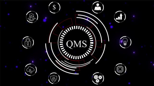 Abstract Hud knowledge ability business gear icon, abstract line concept. Abstract glitter text QMC business concept on the world map icon with alpha channel. Technology and network concept.