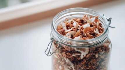 Coconut Granola Mix in a Glass Jar. Generative AI