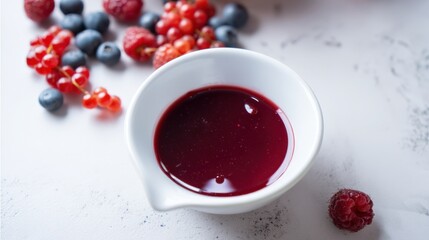 Berry sauce in a small white bowl on a kitchen counter. Generative AI