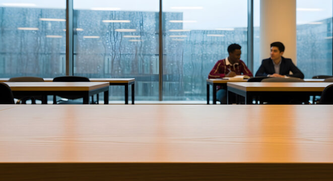Foreground wooden table in a modern office or university study r