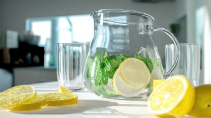 Lemon Mint Infused Water in Glass Pitcher with Fresh Lemon Slices. Generative AI