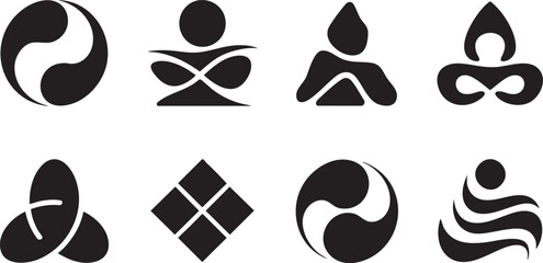 Set of abstract yoga and meditation symbols on transparent background