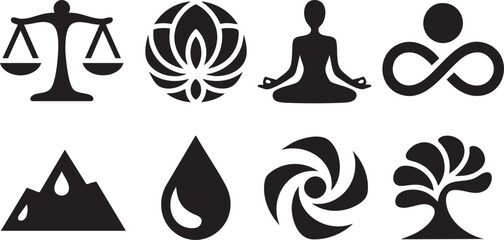 set of black silhouette icons for wellness and balance