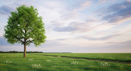 Obraz premium Single Green Tree in a Vast Grassy Field Under a Cloudy Sky