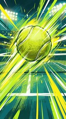 Obraz premium Tennis ball in motion on court. Intense sport game concept with vibrant colors. Dynamic competition for poster.