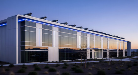 Ultra-modern futuristic office building with sleek glass fa&ccedil;ade and sharp angular metallic structures, illuminated LED light lines integrated into the architecture