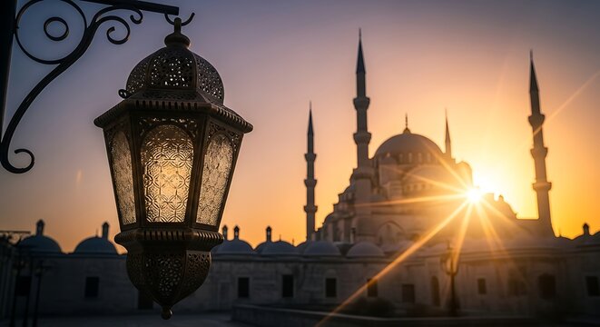 Ornate Arabic Lantern and Mosque Silhouette at Golden Hour Sunset