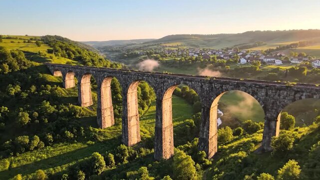A stone arch bridge spans a verdant valley at sunrise, with a village in the background