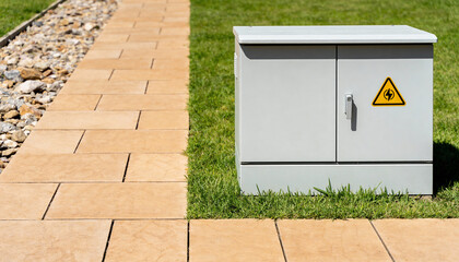 A grey metal distribution box sitting on a manicured lawn next to paving stones. A yellow triangle symbol on the door warns of high voltage, highlighting safety in public or residential infrastructure