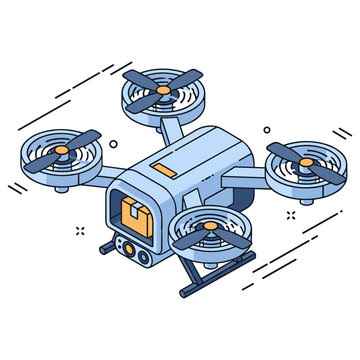 Illustration of a blue drone with four rotors and camera in detailed line art style. No editable stroke