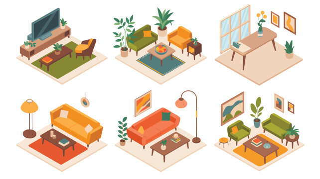 Isometric collection of modern living and dining rooms with stylish furniture and decor