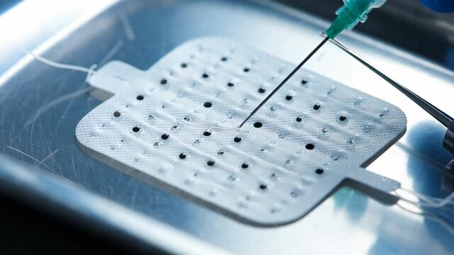Laboratory research with syringe injecting sample into microfluidic chip, showcasing biotech innovation for futuristic healthcare and advanced scientific discovery