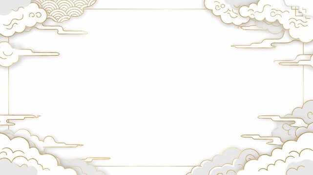 Elegant white background with gold-outlined traditional Asian clouds forming a decorative frame and subtle patterns.