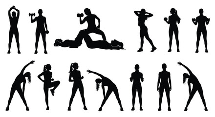 Fototapeta premium Collection of female fitness silhouettes demonstrating various stretching and weightlifting exercise poses