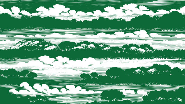 Hand-drawn Japanese-style landscape with green forest silhouettes and white clouds. Features detailed horizontal etching and woodblock textures for a vintage, serene botanical feel.
