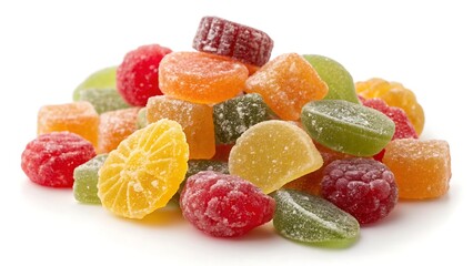 Bright mixed candied fruits showing translucent texture, studio isolated on white background.