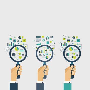 Data Analysis: Three hands, each holding a magnifying glass, analyze scattered charts and graphs, representing detailed analysis of information.