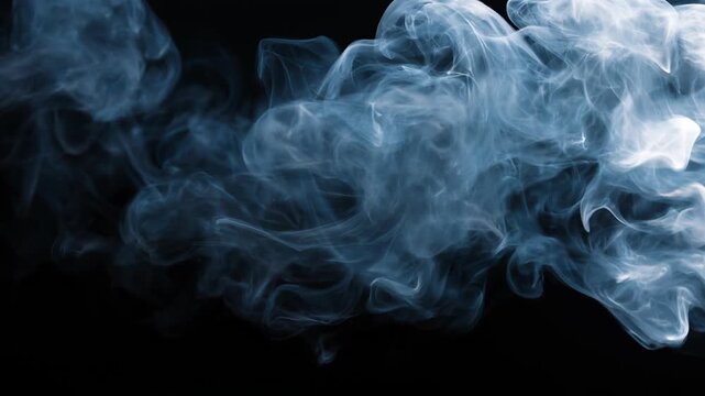 Smoke trails form with varying motion densities concept. Blue smoke swirling on black background with abstract shapes and flowing patterns