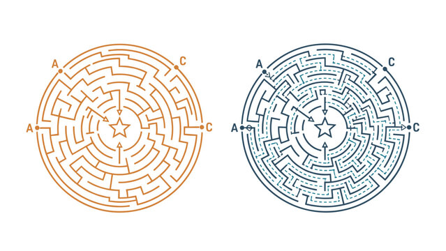 Two circular maze puzzles in orange and blue tones challenge the viewer to find the path to the central star.