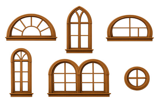 Set of various antique wooden window frames, featuring different shapes like arched, gothic lancet, semicircular, and round designs