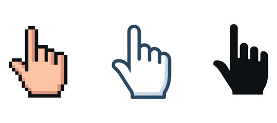 Pixel, outline, and solid cursor icons in diverse styles on white background