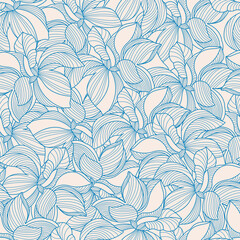 Fototapeta premium Monochrome Flower Seamless Pattern Line Art Style. Floral Blooming Wallpaper Design. Line Art Botanical Textured Print Art. Vector Outline Plants Illustration.