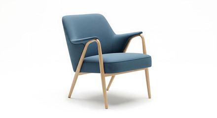 Fototapeta premium Modern blue armchair with wooden legs on white background minimalist design comfortable seating