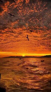 sunset ocean waves with seagulls flying under dramatic orange sky