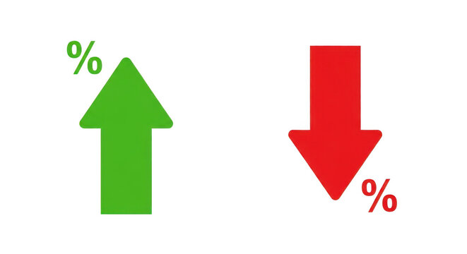 Green up arrow and red down arrow isolated on transparent background