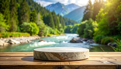 A round stone pedestal sits on a wooden table, providing a foreground display area against a blurred backdrop of a scenic mountain river and lush green forest.