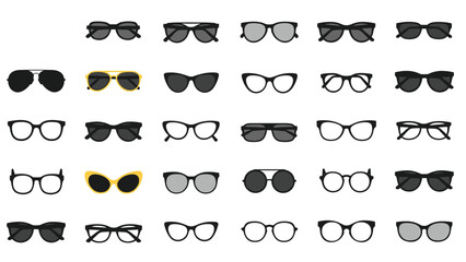 Large collection of diverse sunglasses and eyeglasses frames in various styles including aviator, cat eye, and round shapes for fashion accessories.