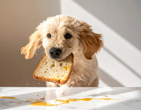 Adorable golden retriever puppy caught stealing food, cinematic lighting, pet marketing concept
