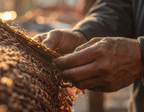 Warm golden hour light illuminates skilled hands weaving natural fibers, close-up basket weaving 