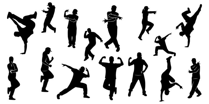 Street dance and hip-hop silhouettes set featuring breakdancers performing urban dance moves, freezes, and dynamic poses isolated