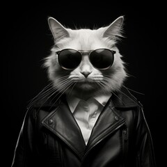 White cat wearing cool sunglasses and black leather jacket. Humanized animal concept for social media avatar, poster, or funny design.