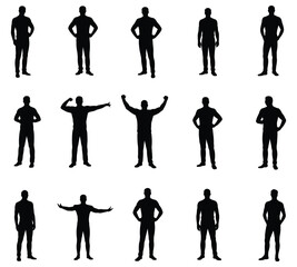 Black silhouette man standing poses collection with confident gestures body language and presentation stances for people icons business communication and character design concepts