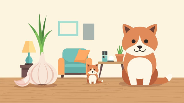 Cute cartoon cats and a giant garlic bulb in a cozy living room