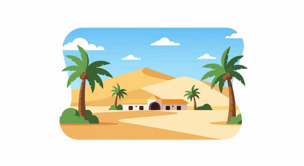 Obraz premium Desert oasis with palm trees and a small building under a blue sky