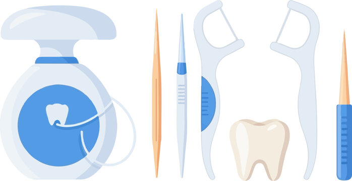 Dental hygiene items floss, picks, and a tooth